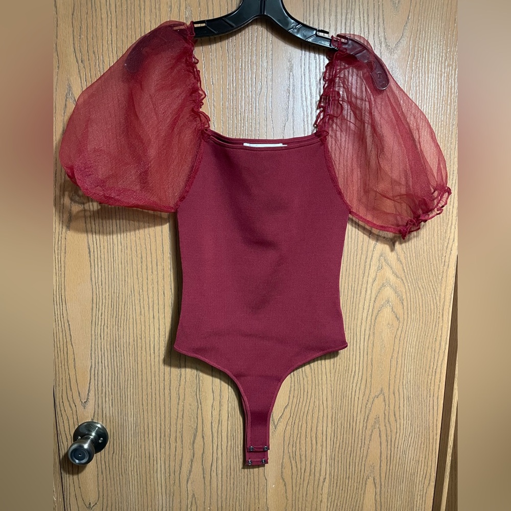 NWT Astr Bodysuit in Wine Red with Puff Sleeves